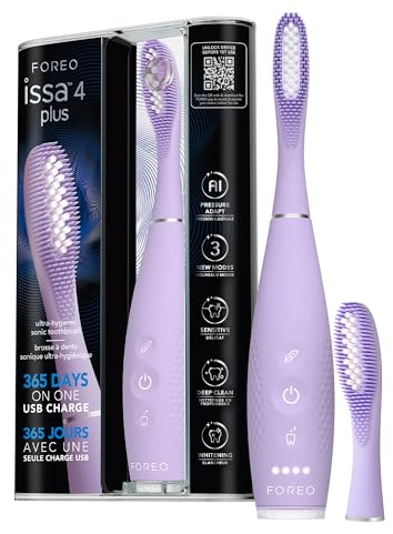 FOREO ISSA 4 Plus cepillo de dientes eléctrico sónico – Pack recargable USB 4 en 1 con IA, cabezal híbrido extra de silicona médica y polímero, suave, blanqueador dental, limpieza profunda - Lavander