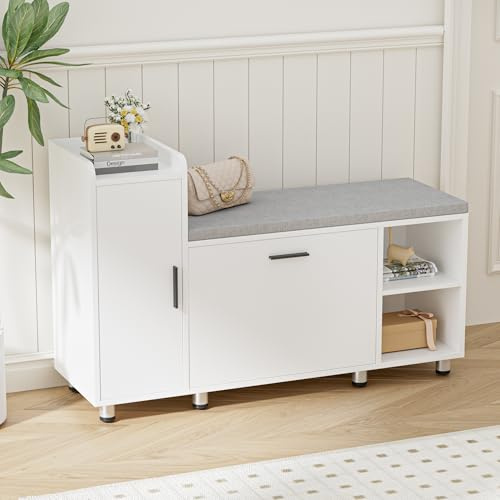 BonVache Banc à Chaussures, Compartiment Rabattable avec cloison réglable, Hauteur réglable, avec Portes de Rangement et 3 espaces de Stockage Ouverts, Meuble d'Entrée, 105 x 34 x 67cm, Blanc