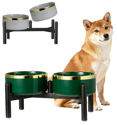 Comedero Perro Elevado Ceramica Doble - Soporte de Acero Inoxidable con Cuencos de Cerámica - Comedero y Bebedero para Perros - Ideal para Razas Pequeñas y Medianos - 350g / 660ml - 15cm - Verde