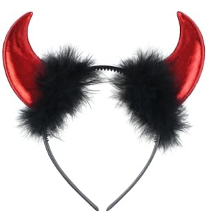 Devil Horns Halloween Headband Red Shiny Hornsband Devil Ears Christmas Carnival Fancy Dress Black Fluffy Feathers Boppers Cosplay Party Accessories Headwear For Kids Adults Women(Pack Of 1)