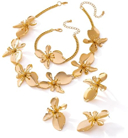 XFSRG 4 Pièces Bijoux Femme Élégant Fleur Collier Bracelet Boucles d'Oreilles Bague Set Mode Ajustable Parure Cadeau pour Mariage Soirée (Or #2)