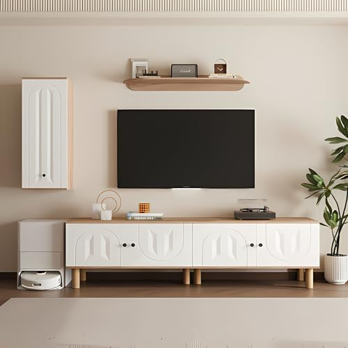 Vardagsvägg i modern stil med förvaringssystem, tredelad kombination av highboard, skåp och väggskiva för vardagsrumsinredning och funktionell multimediainredning 170 cm lång