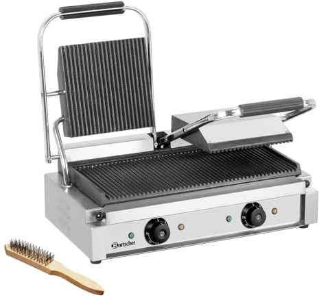 Bartscher Kontaktgrill 3600 2R aus Edelstahl mit 2 gerillten Gusseisen-Grillplatten, 3,6 kW, thermostatisch regelbar, silbergrau, für Gastronomie