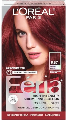 L'Oreal Paris Feria Multi-Faceted Shimmering Permanent Hair Color, R57 Cherry Crush (Intense Medium Auburn), Pack of 1 Hair Dye Kit