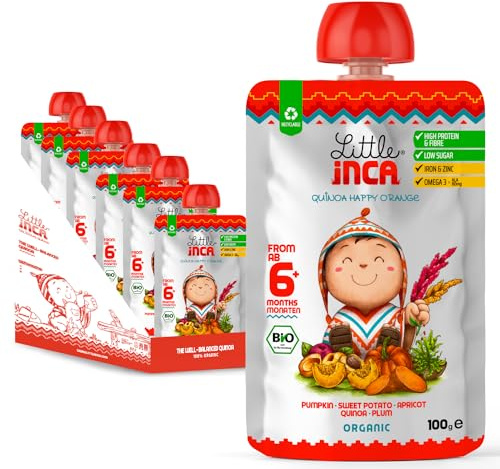 Little Inca Organic Baby Food Pouches The Happy Orange (6x100g) | Quinoa-based Dairy-Free Baby Pouches | 6 Months+ | Recyclable Plant-Based Veg & Fruit Pouches | Supports Gut/Cognitive Health