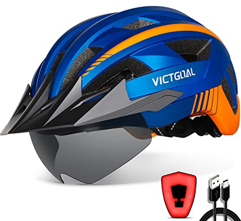 VICTGOAL Fahrradhelm Herren Damen mit Visier, USB Rücklicht, Magnetbrille