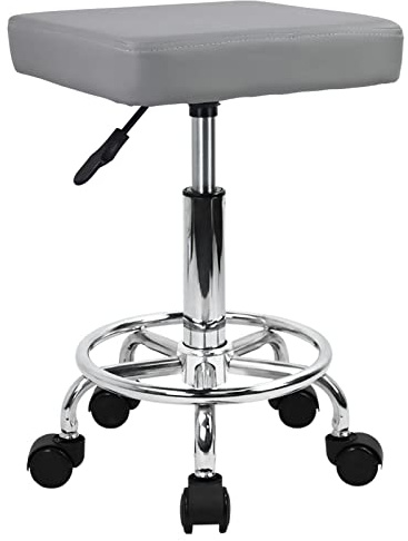 KKTONER Square Rolling Stool with Foot Rest PU Leather Height Adjustable Spa Drafting Salon Tattoo Work Swivel Stools Task Chair Small (Gray)