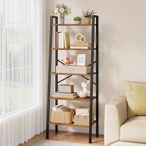 Hoctieon Industrial Ladder Bookshelf, Multifunctional Ladder Shelf, 5-Tier Tall Bookshelf, Open Ladder Shelf Bookcase, for Living Room, Home Office, Kitchen, Bedroom, Metal Frame, Rustic Brown
