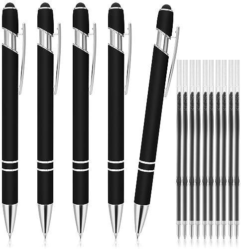 TIESOME 5 Stück Kugelschreiber mit Stylus-Spitze, einziehbare 2 in 1 Stylus Pens Stylischer Stift mit 10 Minen, Metall-Stylus-Stift für Touchscreens, 1,0 mm Schwarze Tinte Kugelschreiber (Schwarz)