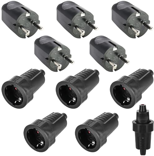 5 Paar Schuko Stecker Kupplung: 250V 16A IP54 Gummi Schukokupplung Set, Schutzkontakt Stecker, 2-polig Aussen Wasserdicht Schwarz Schukostecker und Gummikupplung ohne Kabel