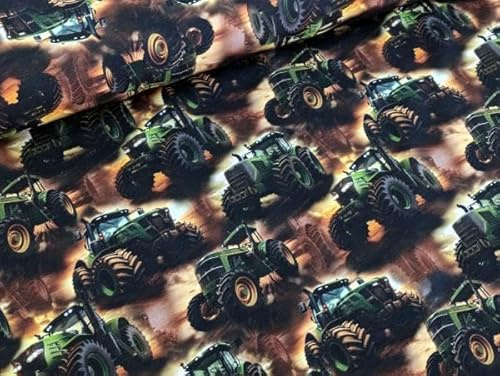 Eigenproduktion Bio Baumwolljersey Farm Traktor Traktoren Grün/Braun Stoff Meterware Kleiderstoff