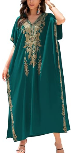 YouKD Vestido de playa bohemio bordado floral estilo caftán para mujer, bata de baño larga para mujer