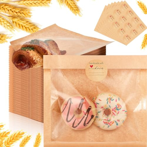 Outus 100 bolsas de panadería termosellables con ventana, resistentes a la grasa, bolsas de galletas de papel kraft con calcomanías de papel para embalar, dona, pan, galletas, sándwich horneado (7.1 x