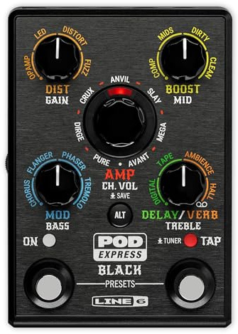 Line 6 POD Express Black – Ultra-portabel Hi-Gain Gitarrförstärkare och Effektsprocessor med 7 Unika Förstärkare, 7 Hogtalare, 17 Inbyggda Effekter, USB-C-gränssnitt för Inspelning