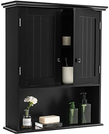 COSTWAY Armoire de Salle de Bains Armoire Murale à Pharmacie avec 2 Porte et 3 Etagères Rangement Dont 1 Paroi Réglable sans Miroir Couleur Blanche en Bois (Noir)