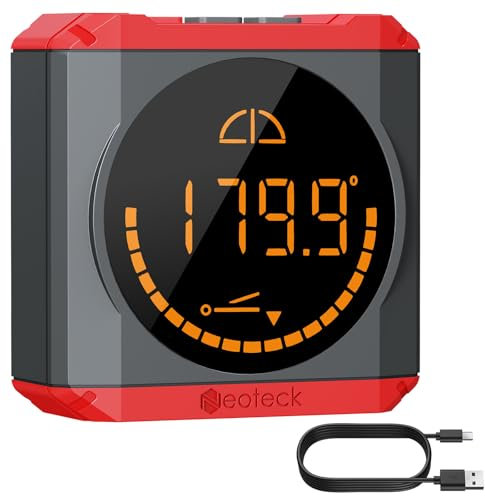 Neoteck Livello Digitale a LED Ricaricabile 4*90°/2*180° Goniometro Angolo Finder a 4 Modalità con Base Magnetica Misuratore Angolo Precisione 0.01° IP54 Bevel Box per Edilizia Falegnameria Auto-Rosso