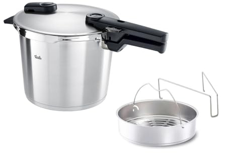 Fissler Vitaquick Grande Pentola a Pressione Grande da 6 L, con Diametro da 22 cm, Inserto, Pentola a Vapore in Acciaio Inox, 2 Livelli di Cottura, Prodotto in Germania per Piani Cottura a Induzione