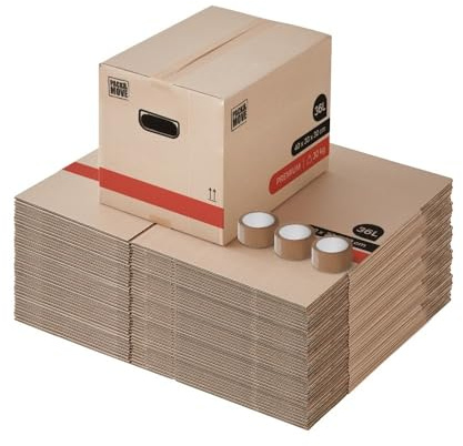 Pack and Move - Lot 50 Cartons Déménagement Livres Premium - 40 X 30 X 30 Cm - Extrême Résistance 30 KG - Poignées Renforcées - 3 Adhésifs Offerts