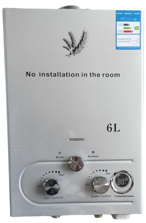 Furvveerr Chauffe-Eau à Gaz Instantané 6LPM 12KW LPG GPL au Butane Propane avec Modes Hiver et Eté,Protection Contre La Surchauffe,Couleur Argent,pour La Maison,ExtéRieur,Camping Car