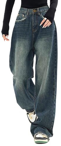 Xineicy Jeans for Women High Waist Wide Leg Grunge Baggy Jeans Y2K Loose Vintage Boyfriend Denim Pants Blue