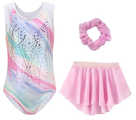 SEAUR Mädchen Turnanzug Ärmellos Gymnastik Trikot Gymnastikanzug mit Rock und Haarband Kinder Leotard Set Glitzer Mehrfarbig - 11-12 Jahre
