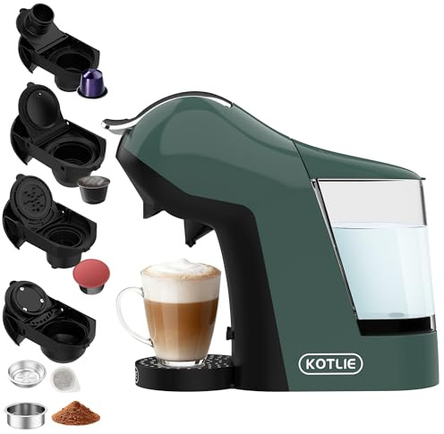 Upgrade Máquina de Cápsulas Café Espresso 5 en 1 19 Bar para Nespresso/Dolce Gusto/LAVAZZA MIO/LOR y Café Molido/ESE, Cafeteras Automáticas Pequeñas con Cápsulas, EM-308B (Verde)