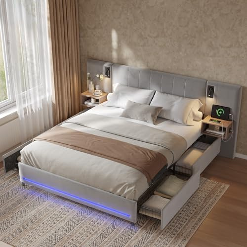 Artswish Lit Coffre Rembourré 140x200 cm avec 4 Tiroirs & Table de Chevet avec USB, Lit à Rangement avec 2 Lampes Lecture & RGB LED, Velours Gris (sans Matelas)