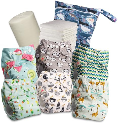 Littles & Bloomz Pannolini Lavabili – Pannolino a Tasca con Bottoni Automatici, Set da 6 con 6 Inserti in Microfibra, Veli in Bambù e Borsa Porta Pannolini Impermeabile, 631PM6