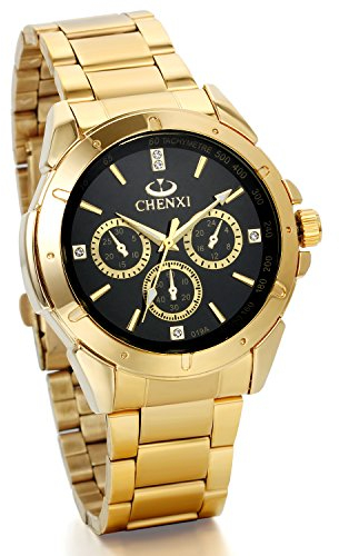 JewelryWe Herren-Armbanduhr, Quarz, kommerziell, Dekoration, DREI Augen, Zifferblatt, Legierung, Armband aus Edelstahl, goldfarben, mit Geschenktasche, Kleid, Kleid