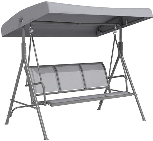 Outsunny Dondolo da Giardino 3 Posti con Tettuccio Parasole Regolabile, Dondolo da Esterno con Seduta Traspirante in Poliestere e Telaio in Acciaio, Portata 200 kg, Anti UV, 175x118x159 cm, Grigio