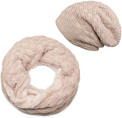 styleBREAKER Set med stickad mössa och halsduk,Beige