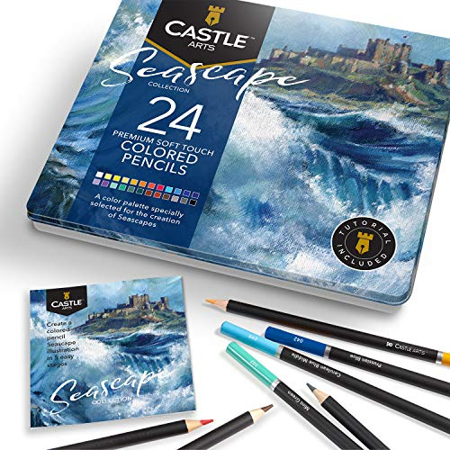 Castle Art Supplies 24 Seascape Coloured Pencils Set for Adults Artists | Ideal Sketching Colouring Drawing Quality Smooth Cores | Superior Blending & Layering Performance Achieving Results