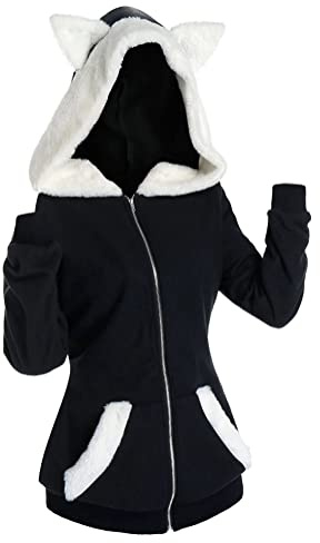 Tomwell Sweats à Capuche Pull en Peluche à Capuche Oreilles de Chat Version Pull Rayé à Manches Longues et Pull à Capuche Sweatshirts Chemisiers Blouses A Noir XXL