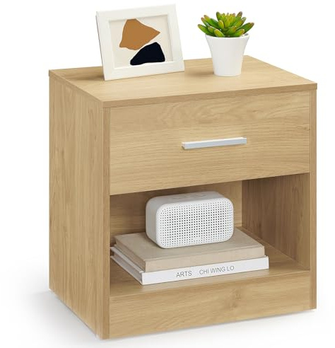 VASAGLE Nachttisch, Beistelltisch, mit Schublade, Griff, offenes Fach, Couchtisch, für Schlafzimmer, Wohnzimmer, strohgelb LET619Y70