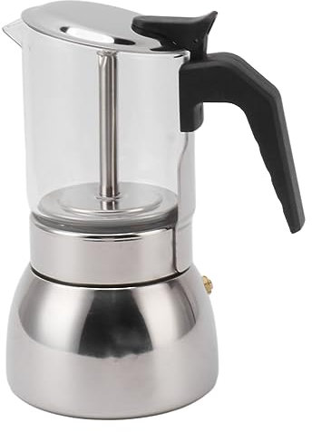 Haofy Stainless Steel Maker, Glass Top Stainless Steel Moka Pot Double Valve Induction Stovetop Italian Coffee Maker, Silver (300ML)