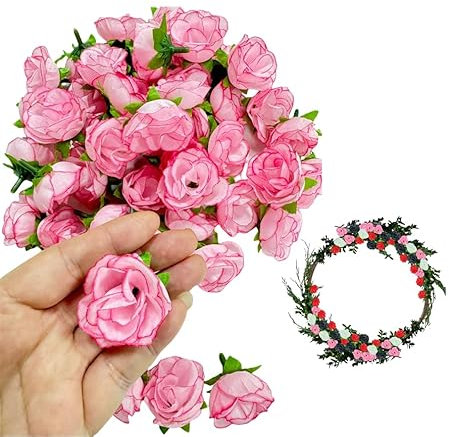 Rikyo Mini rose finte, boccioli di rosa artificiali, 40 mm, in seta, per esterni, morbida seta da lanciare per vasi, torte nuziali, addio al nubilato, decorazione per la casa e l'autunno (50, rosa)