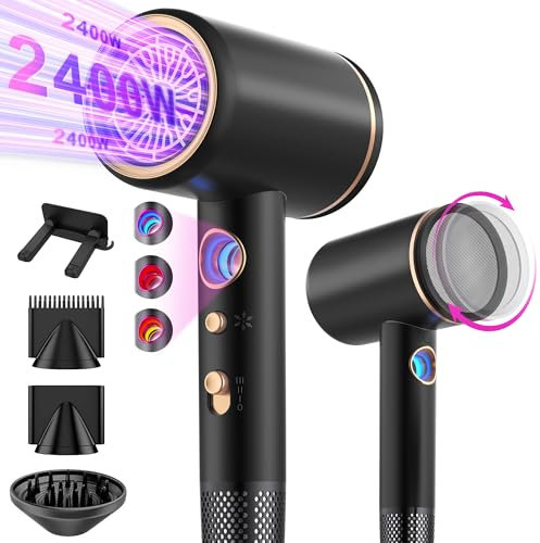 Tisoutec HairDryer,Travel Hairdryer with Diffuser,Professional Ionic Hair Dryer+Powerful AC Motor 2400W|4-in-1 Hair Dryer|Hot/Cold Button|2 Heat&3 Speed|Hair Dryers & Accessories for Women/Men Home