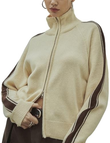 Qiaomai Womens Cardigan Sweaters Zip Up Long Sleeve Knit Sweater Jacket Open Front Outerwear Coats (Apricot-XL)