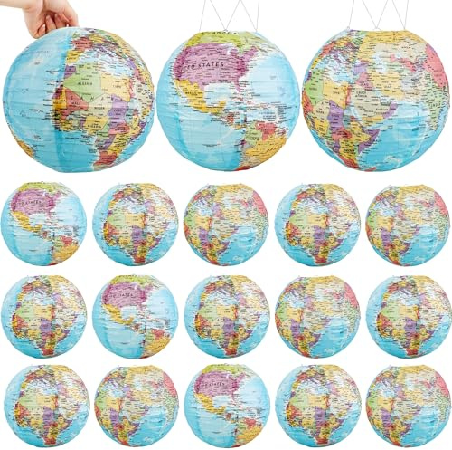 18 Pack 10 Inch Globe Hanging Paper Lantern World Map Lantern Decorations Around The World Paper Lanterns for Classroom History Social Studies Theme Earth Theme Party Favors