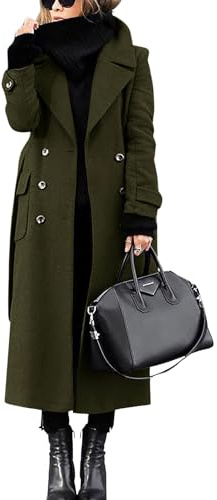 chouyatou Women's Winter Double Breasted Wool Coat Business Casual Long Winter Pea Coat with Belt (X-Large, Army Green)