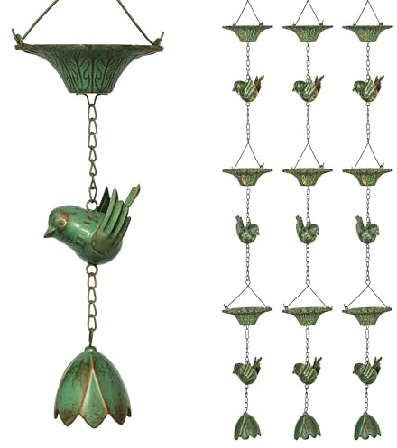 Outsunny 3er Set Regenkette 123cm Regenablaufkette aus Metall Ablaufkette mit befestigtem Aufhänger Vögeln Bell Dachrinnenkette Regenwasserkette Regenfängerkette für Dachrinnen Regenfänger Regenketten