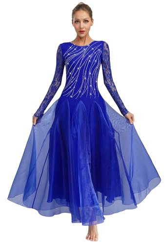 Freebily Vestito da Sala da Ballo Standard Nazionali per Donna Abito Svasato da Ballo Latino Americano in Pizzo Floreale Costume da Danza Moderna Valzer Samba Rumba Salsa Blu XXL