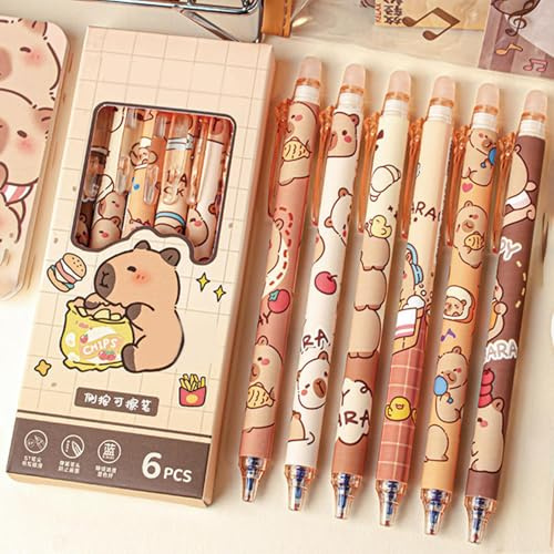 Luieonm 6-pack capybara raderbar gelpenna, indragbara halkfria gnuggningspennor, söt gnuggad penna, 0,5 mm friktionspennor, neutral skrift slät, för hemskolstudio