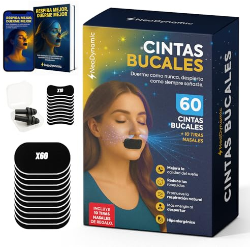 60 Tiras Bucales para Dormir | De regalo 10 Tiras nasales + Tapones oidos + E-BOOK | mouth tape | Tapa Bocas para dormir | Cintas Bucales para Dormir | Cinta Boca dormir