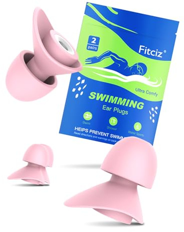 Fitciz Swimming Ear Plugs for Adults, 2 Pairs Waterproof Earplugs in Case for Swimmers, Men, Women, Washable, Reusable, Comfortable (S+M for Women, L+M for Men) (Pink - Women)