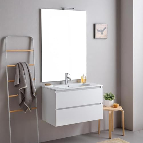 Kiamami Valentina Mobile Bagno Sospeso 80 Cm Bianco 2 Cassetti Specchio