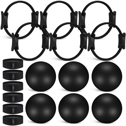 Seenelling 18 Pcs Pilates Ring and Ball Set with Resistance Bands Home Workout Pilates Equipment 11.8 Inch Magic Circle with Padded Handles, Mini Ball for Strength, Toning and Flexibility(Black)