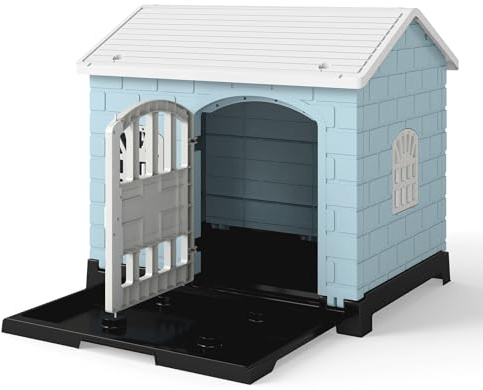 COSTWAY Cuccia per Cani da Esterno ed Interno, Casetta Impermeabile e Ventilata con Vassoio Toilette Rimovibile, Porta Bloccabile, 3 Finestre e Tetto a Pendenza, per Cani di Piccoli e Gatti (Blu)