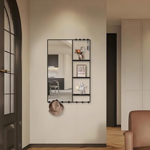WONSTART Espejo de Pared Negro de 38 x 26 Pulgadas para Pared, Espejo de Longitud Completa con Estante y Ganchos, Espejo de Pared Grande con 3 bandejas y 6 Ganchos para Sala de Estar, Pasillo