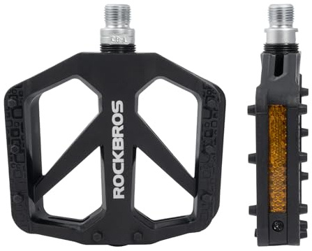 ROCKBROS Cykelpedaler för mountainbike, 9/16 tum halkfria nylonfibrer MTB-pedaler med reflektorer och förseglat lager, lätt och bred platt plattform för MTB, grus, BMX-cyklar, svart